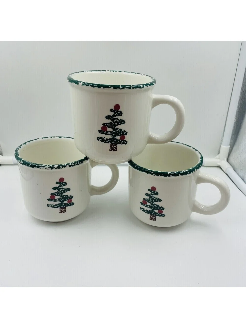 FURIO Christmas Tree Spongeware 1980s Holiday Coffee Mug Made In ITALY 3pc Set